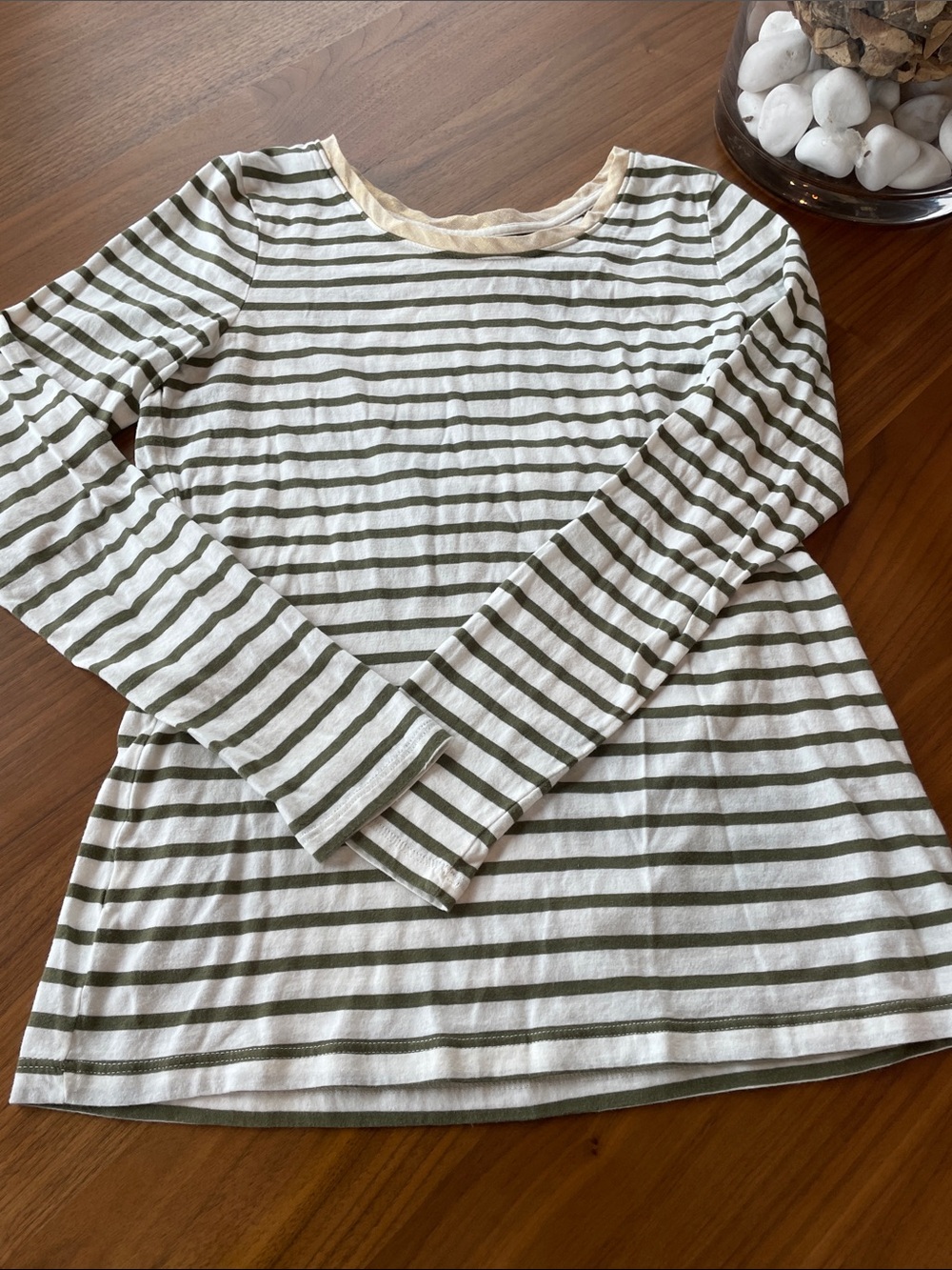 Loft - Striped Long-Sleeve Crewneck Top - Olive/White